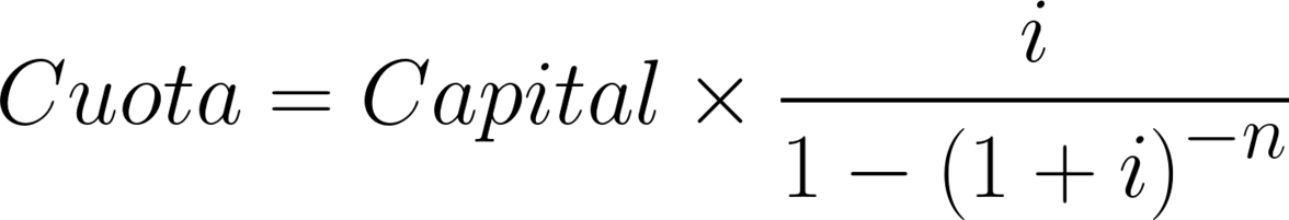 Fórmula matemática para calcular la cuota pura del sistema de amortización francés: Cuota es igual a Capital multiplicado por la tasa de interés (i) dividido por [1 menos (1 más i) elevado a la menos n].